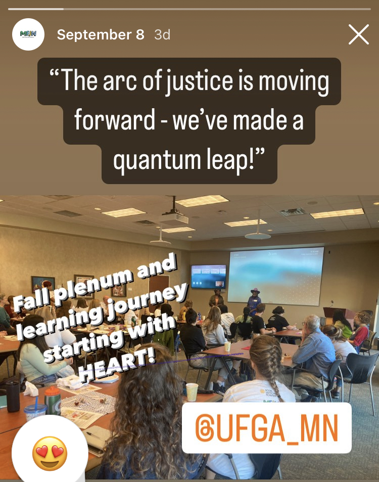 instagram post with a view of the room of gathered people, highlighting melvin's quote about the arc of justice taking a quantum leap